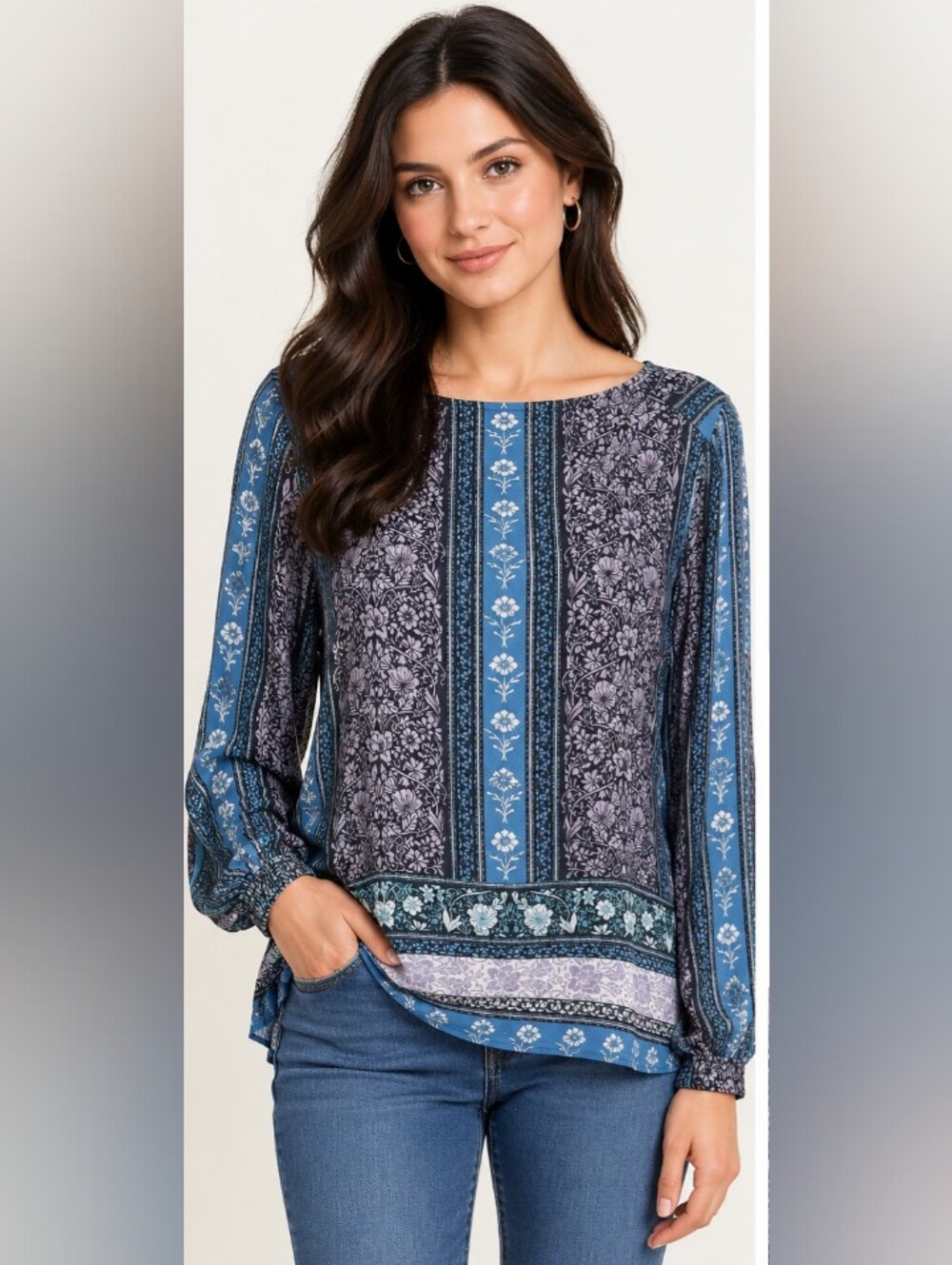 LOFT Blue Floral Stripe Long-Sleeve Blouse Size L